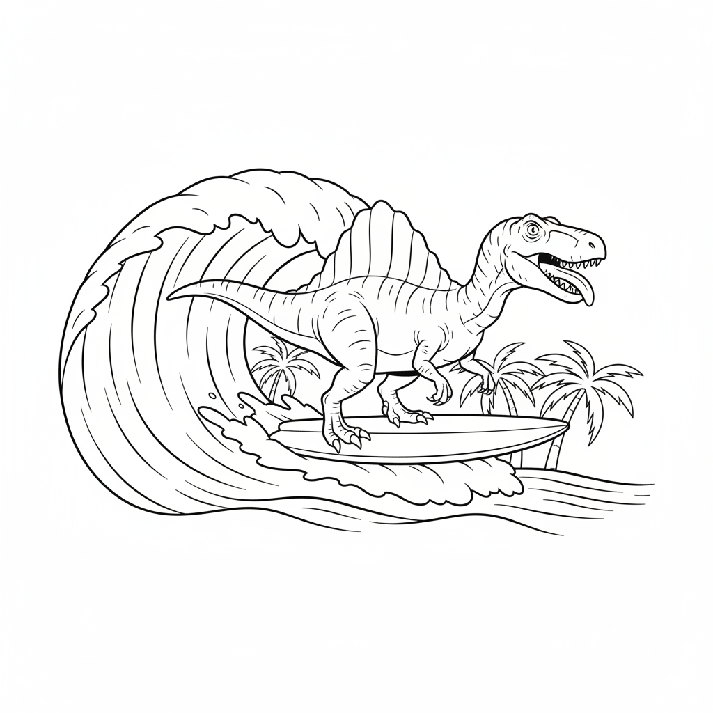 Spinosaurus Surfing Adventure — Free Coloring Page for Kids coloring page