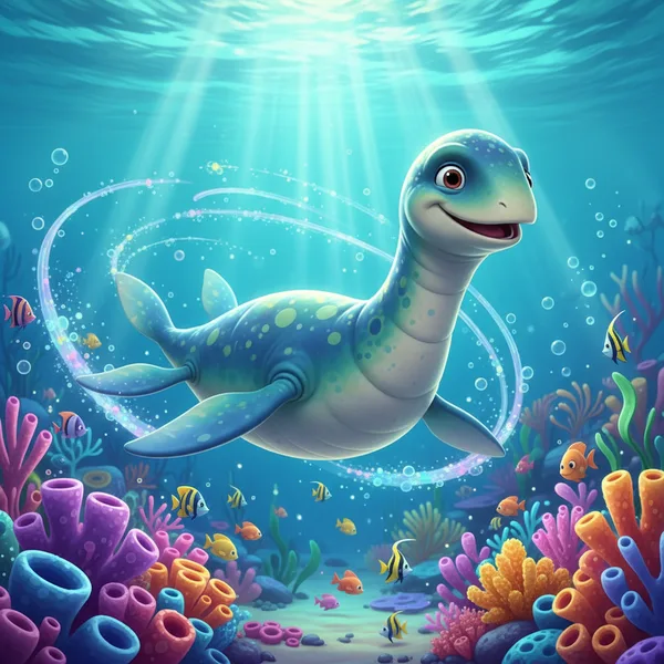 Plesiosaurus Swimming in Coral Reef — Free Coloring Page for Kids
