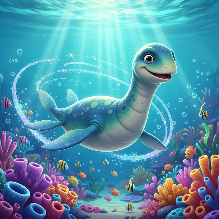 Plesiosaurus Swimming in Coral Reef — Free Coloring Page for Kids