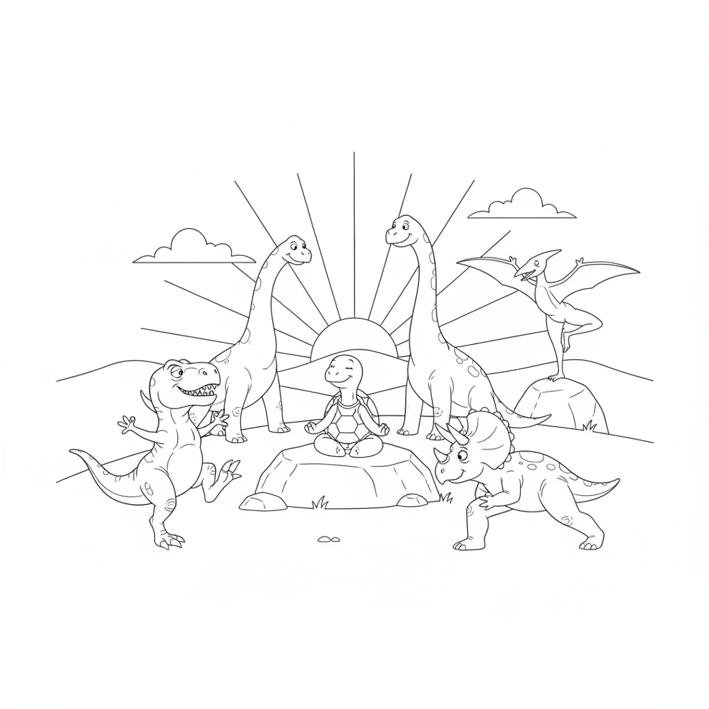 Dinosaurs Doing Yoga at Sunset — Free Coloring Page for Kids