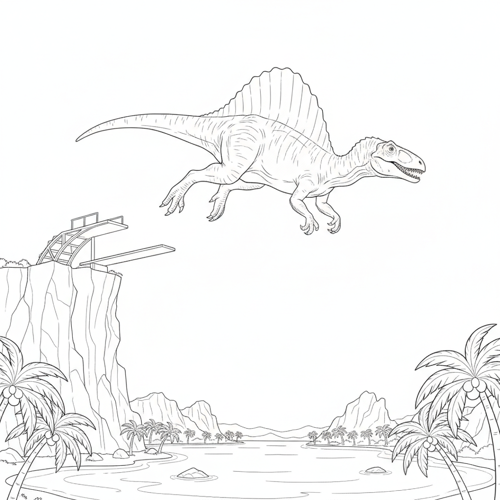Spinosaurus Leaping Off a Cliff — Free Coloring Page for Kids