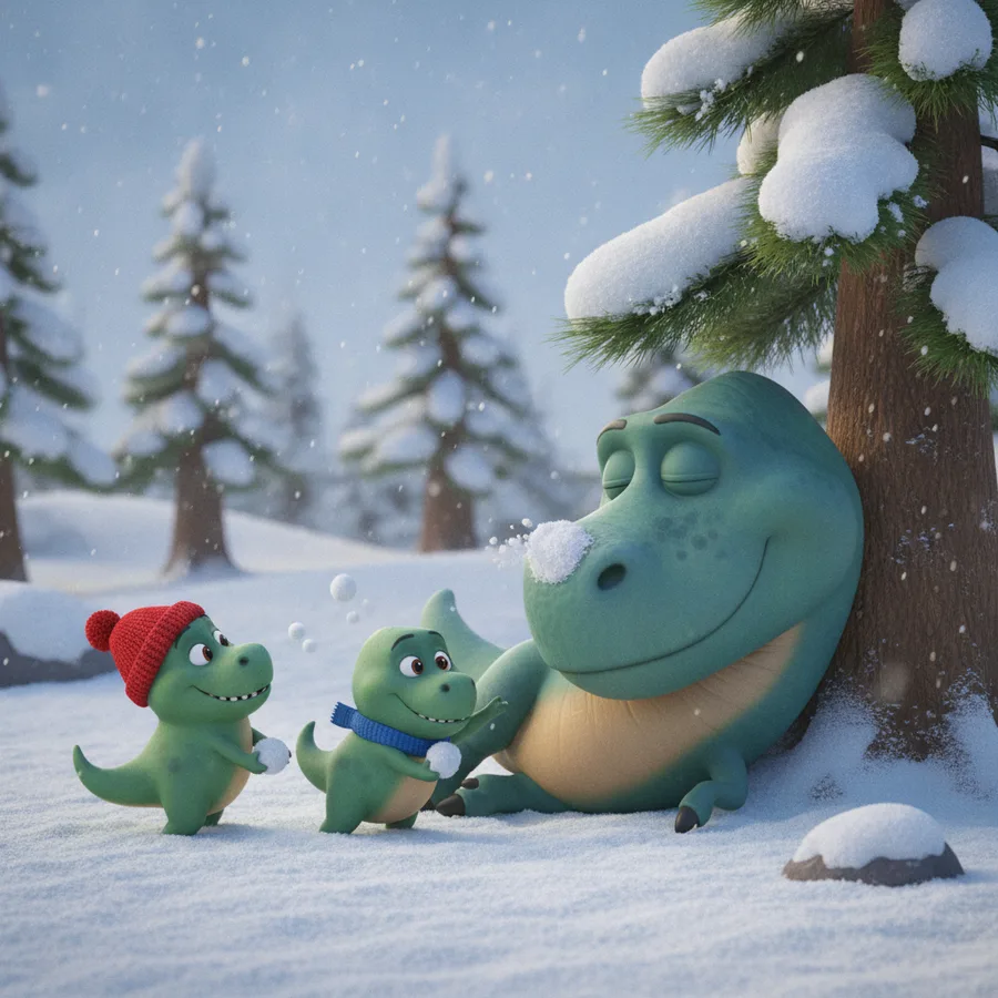 This coloring page features three cartoonish dinosaurs having fun in the snow. The snowballs and tree provide easy areas, while the larger dinosaur adds a fun challenge.