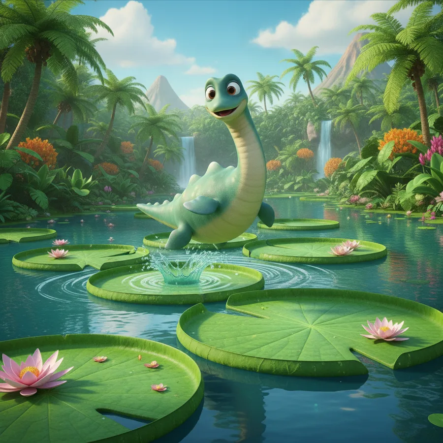 This lively coloring page features a joyful dinosaur leaping over lily pads, with easy areas like the water and challenging details in the flowers. Kids will enjoy coloring the vibrant greenery and playful dino.