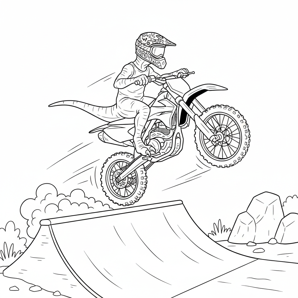 Dinosaur Dirt Bike Jump — Free Printable Coloring Page for Kids coloring page