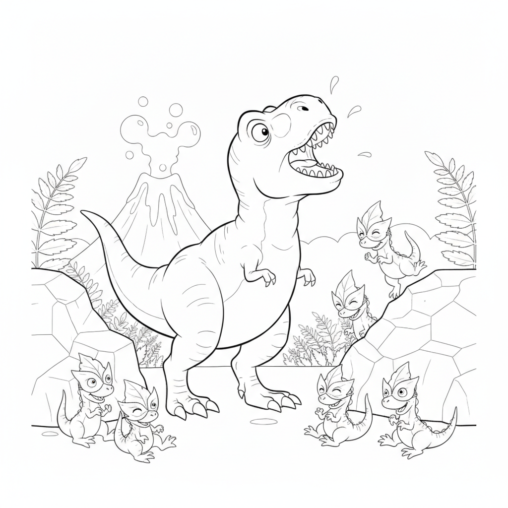Roaring T-Rex in a Playful Forest — Free Coloring Page for Kids
