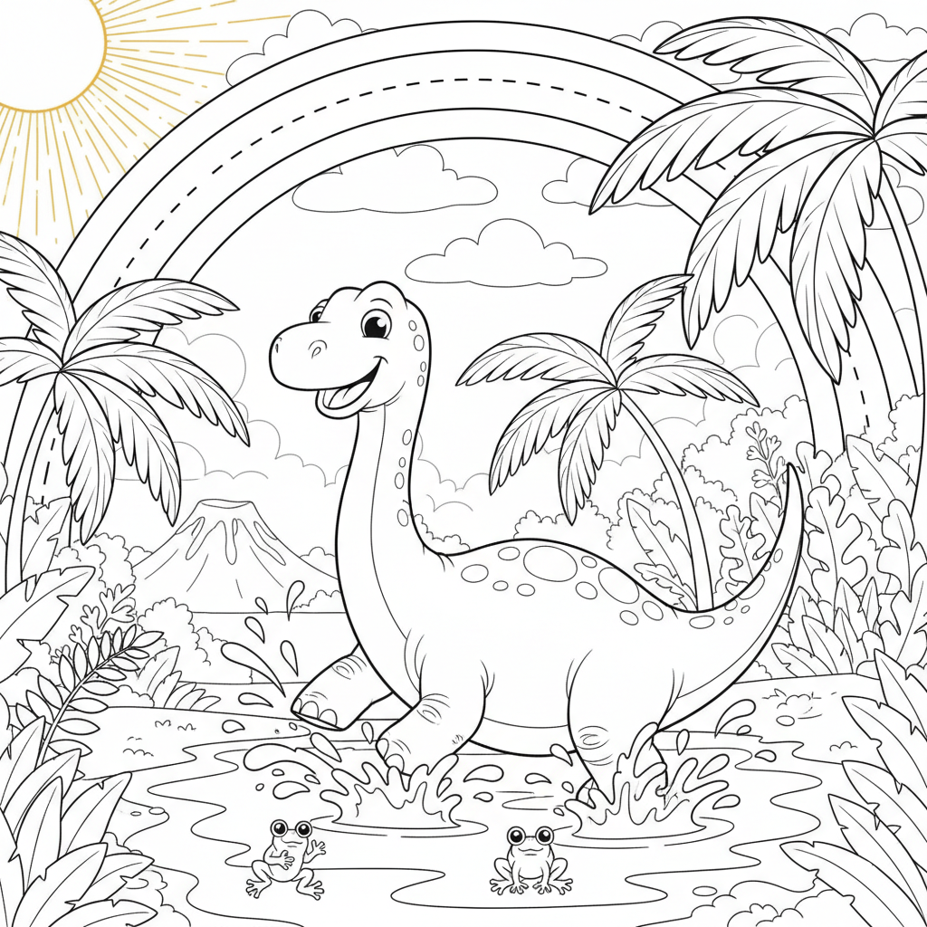 Apatosaurus Lake Splash — Free Coloring Page for Kids coloring page
