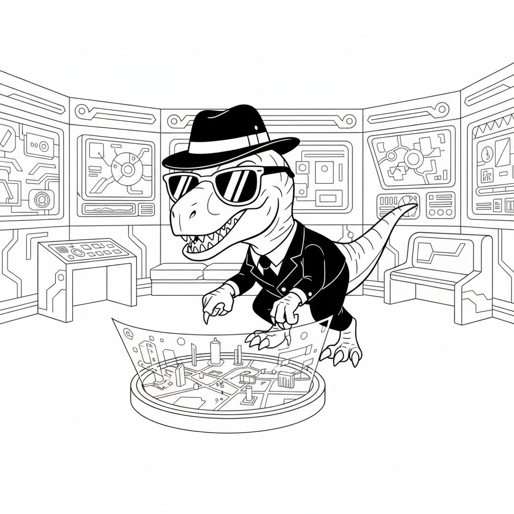 Futuristic Rex in Tuxedo — Free Coloring Page for Kids coloring page