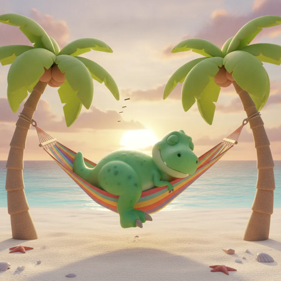 This delightful dinosaur scene offers large areas for easy coloring, perfect for young kids. The palm trees and sunset provide a fun challenge for older children.