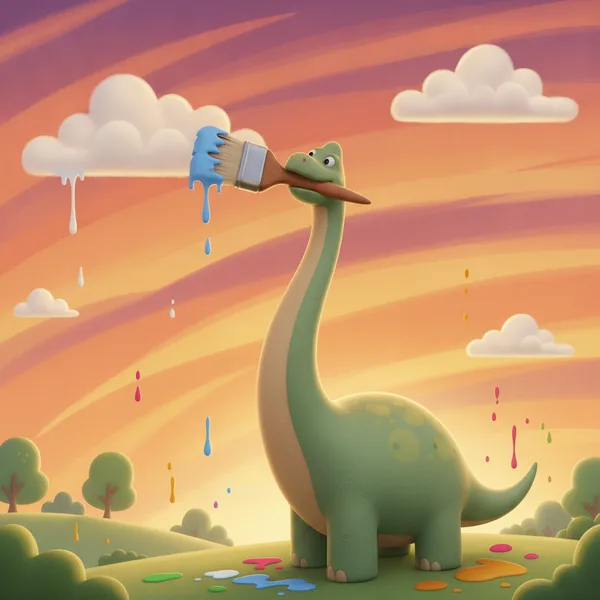 Colorful Sunset with a Painting Dinosaur — Free Coloring Page for Kids