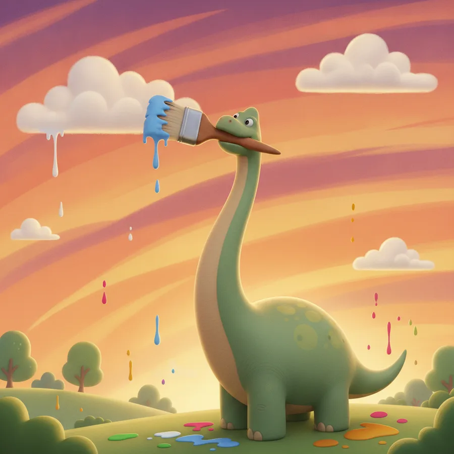 Esta página para colorear presenta un dinosaurio verde que sostiene un pincel. Las gotas de pintura son fáciles de colorear, mientras que los detalles del paisaje ofrecen un divertido desafío.