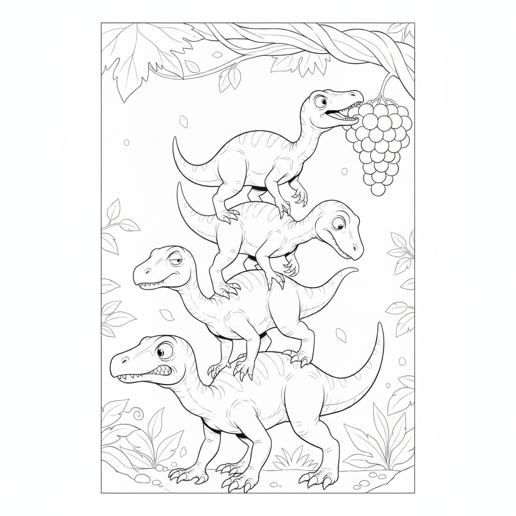 Dinosaurios Alcanzando Uvas — Dibujos de Dinosaurios para Colorear — Gratis para Imprimir