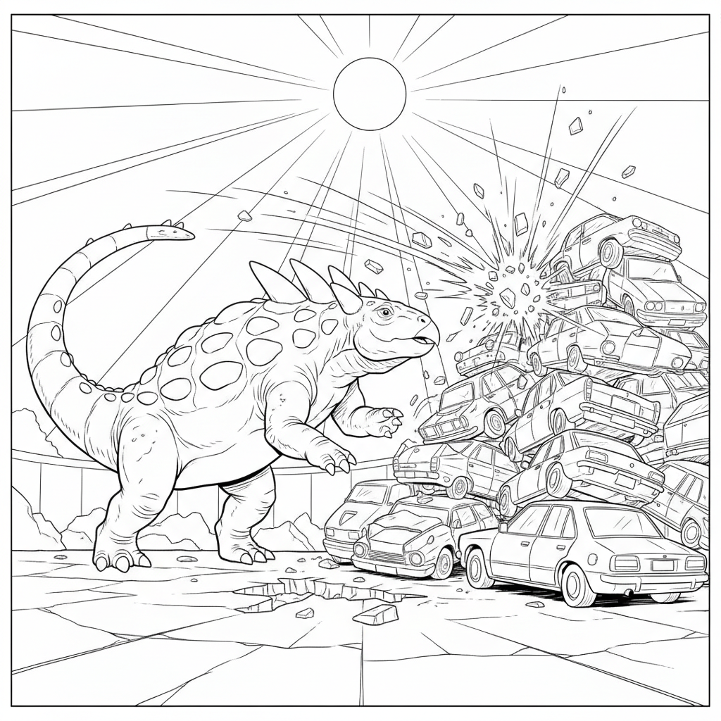 Dinosaur Tower Crash — Free Coloring Page for Kids coloring page