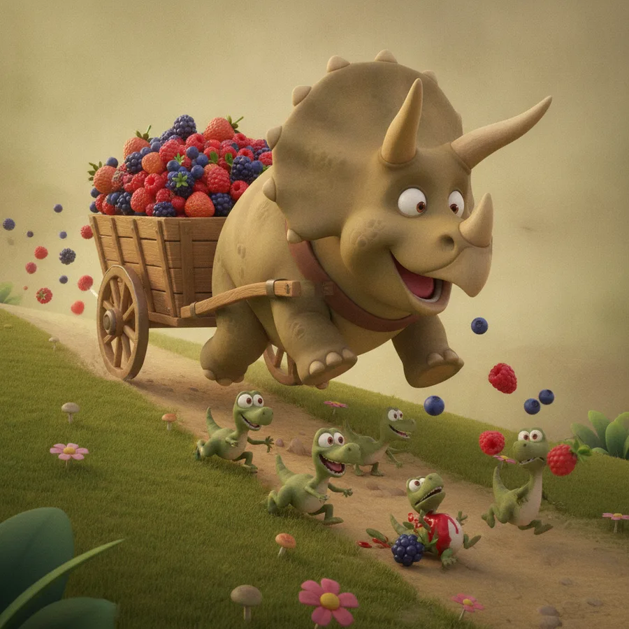 Dieses Ausmalbild zeigt einen fröhlichen Triceratops und einen Holzwagen, der mit bunten Beeren gefüllt ist. Der Triceratops und die verspielten kleinen Dinosaurier bieten einfache Bereiche für junge Künstler, während die Beeren eine lustige Herausforderung darstellen.