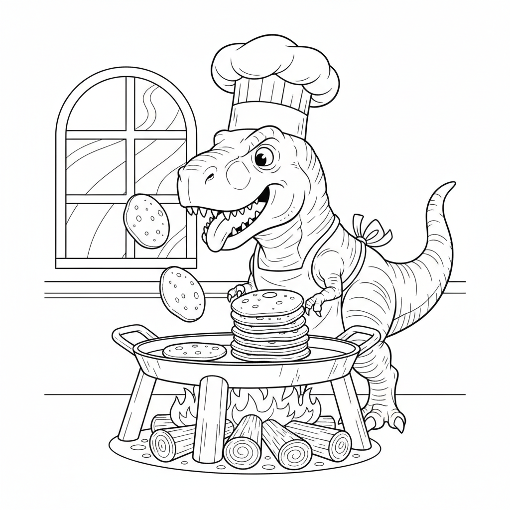 T-Rex Chef Flipping Pancakes — Free Coloring Page for Kids coloring page