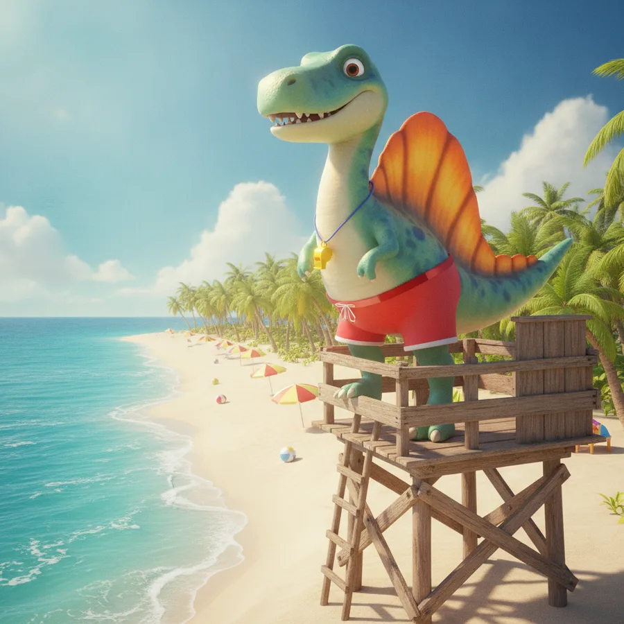 A cheerful dinosaur lifeguard on the beach — Free Coloring Page for Kids