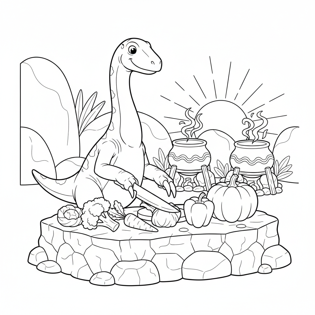 Cheerful Dinosaur Chef — Free Coloring Page for Kids coloring page
