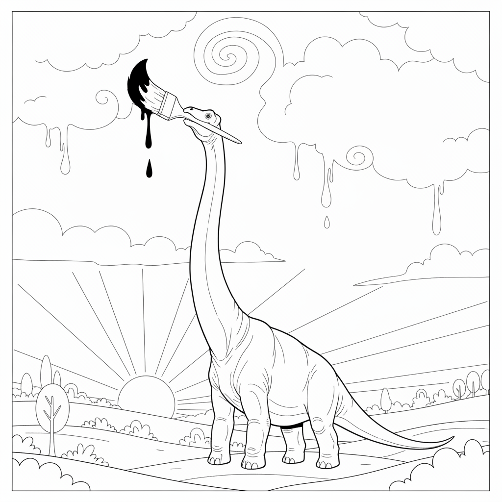 Dinosaurio Pintor en un Atardecer Colorido — Dibujos de Dinosaurios para Colorear — Gratis para Imprimir