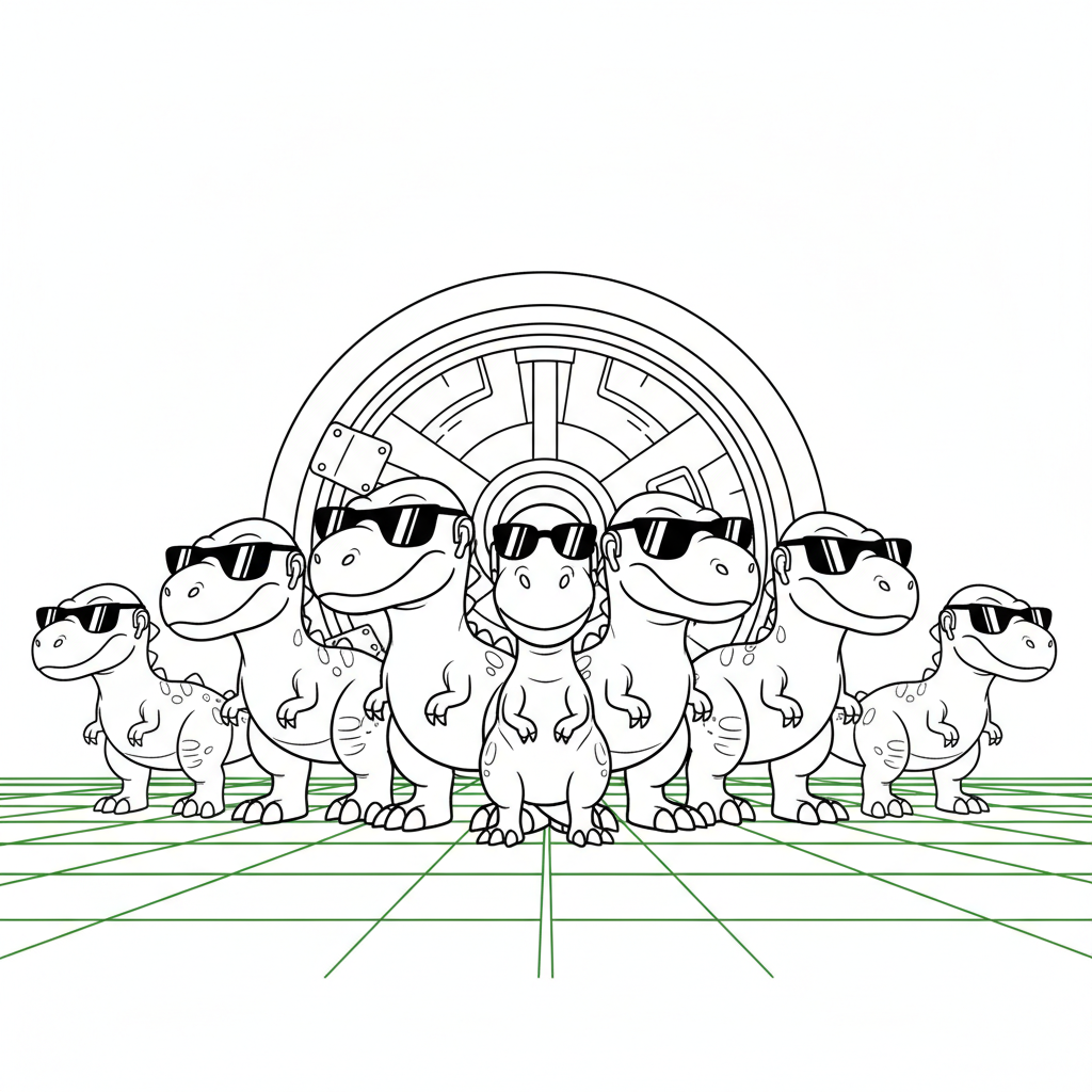 Dino Heist Crew Adventure — Free Printable Coloring Page for Kids coloring page