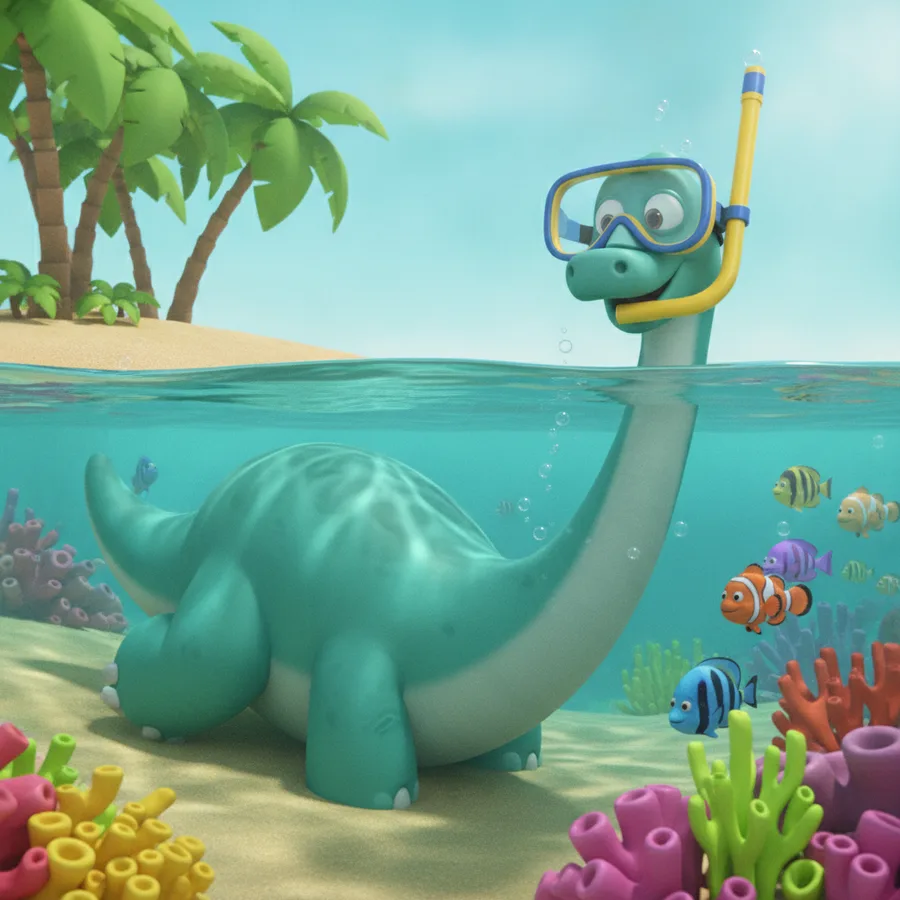 Ce dinosaure amusant porte un équipement de plongée et émerge de l'eau. Les zones faciles à colorier sont l'eau et les poissons, tandis que les récifs coralliens colorés ajoutent un défi.
