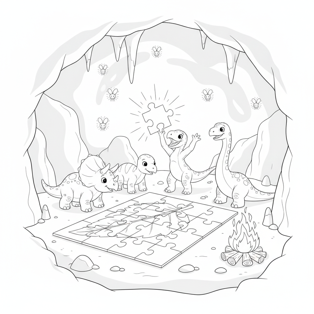 Joyful Dinosaurs Assembling a Puzzle — Free Coloring Page for Kids