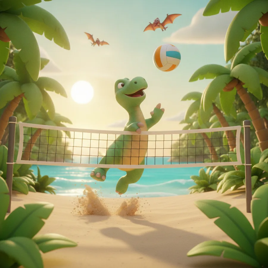 Cette page à colorier présente un dinosaure vert sautant pour frapper un volleyball. Les palmiers et la plage sont faciles à colorier, tandis que l'océan et le coucher de soleil ajoutent un défi amusant.