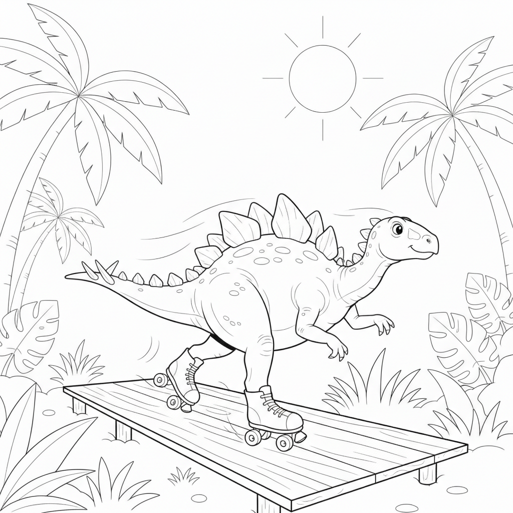 Fröhlicher Dinosaurier auf Rollschuhen im Dschungel — Dinosaurier Ausmalbild — Kostenlos Ausdrucken