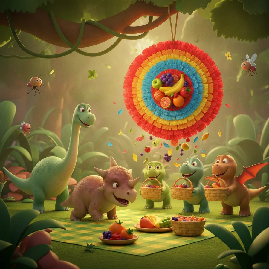 ¡Únete a los dinosaurios juguetones en su fiesta de piñata! La piñata grande y las frutas coloridas son fáciles de colorear, mientras que los dinosaurios presentan un divertido desafío.