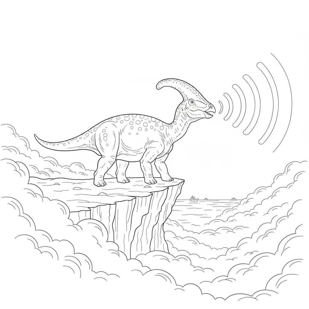 Fröhlicher Dinosaurier auf einer Klippe — Dinosaurier Ausmalbild — Kostenlos Ausdrucken