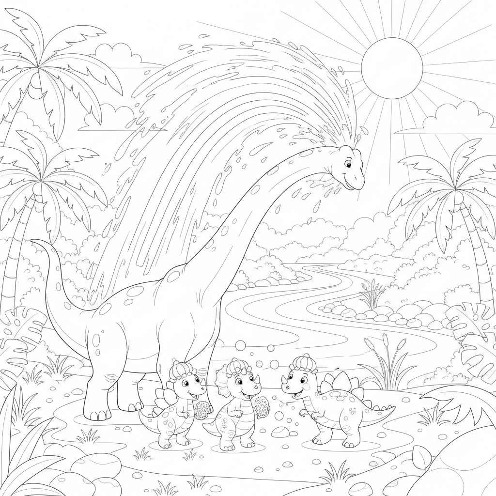 Dinosaures Joyeux Éclaboussant dans un Ruisseau — Coloriage Dinosaure — Gratuit à Imprimer