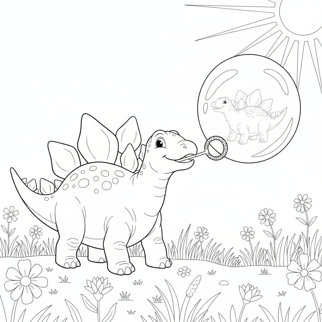 Cheerful Dinosaur with Soap Bubble — Free Coloring Page for Kids