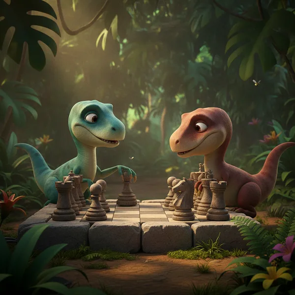 Dinosaurs Playing Chess in a Jungle — Free Coloring Page for Kids
