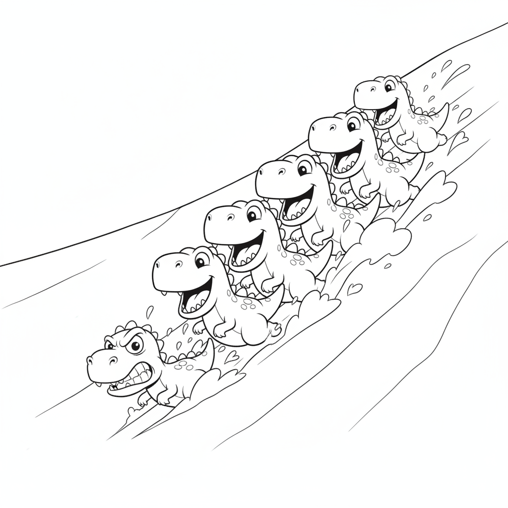 Dinosaurs Joyfully Sliding Down the Snowy Slope — Free Coloring Page for Kids
