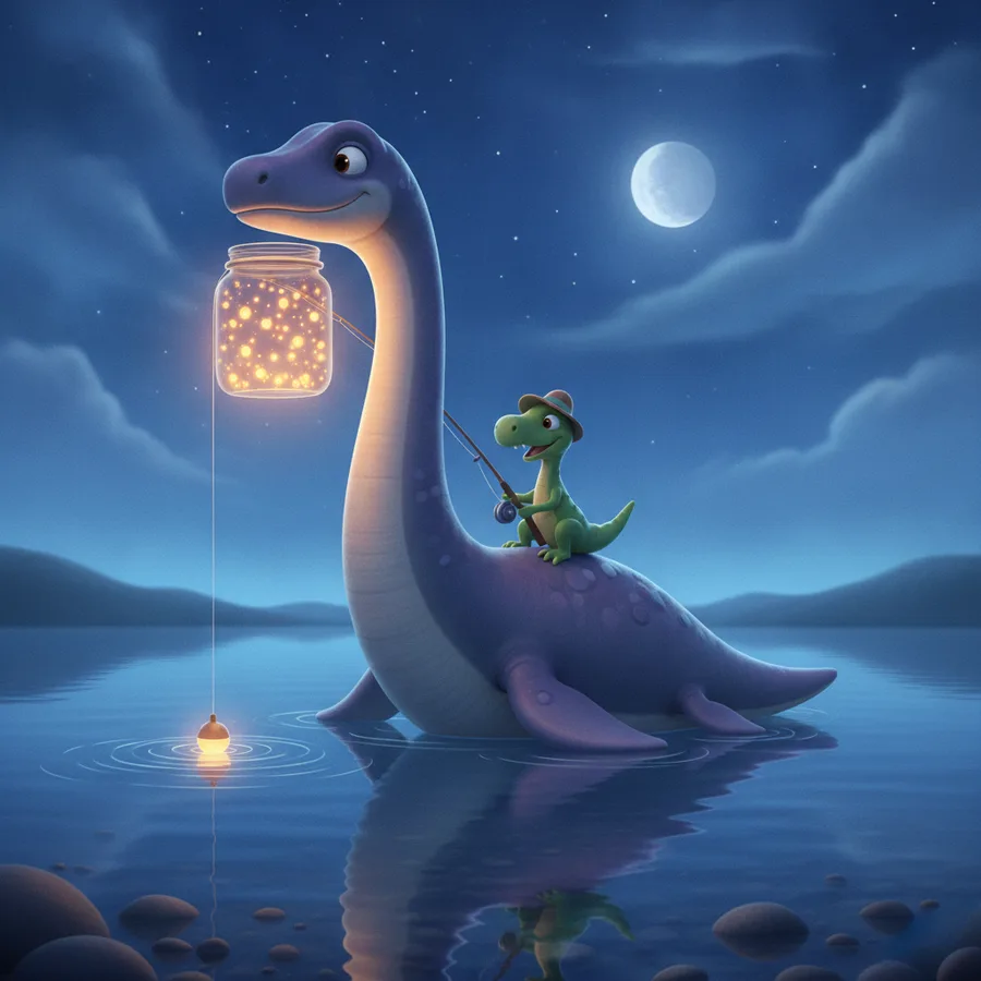 In this charming scene, a friendly dinosaur and its little friend are fishing under a crescent moon. The calm lake and starry sky provide easy areas for young artists, while the details on the dinosaurs' bodies might be more challenging.