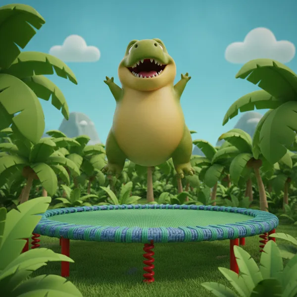 Cheerful Dinosaur Jumping on Trampoline — Free Coloring Page for Kids