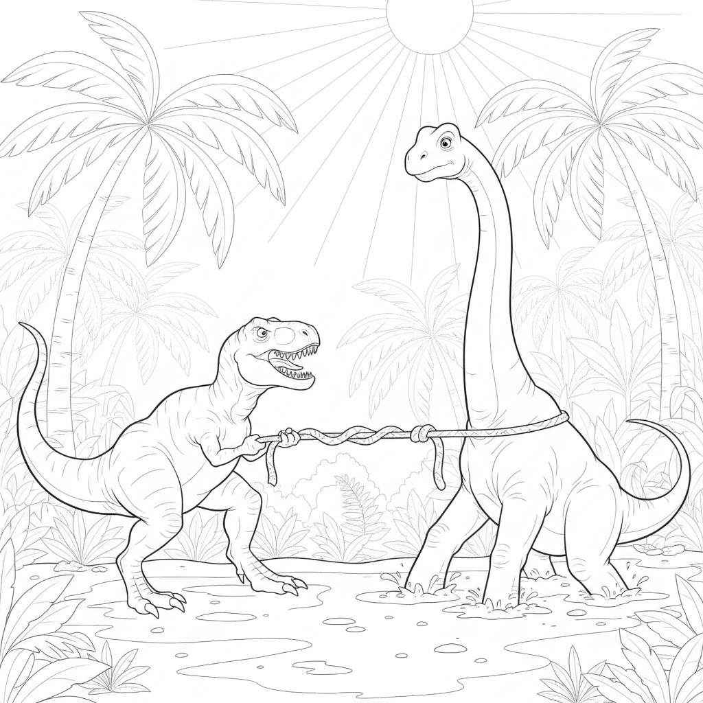 Dinossauros Brincando em um Cenário Tropical — Desenho de Dinossauros para Colorir — Grátis