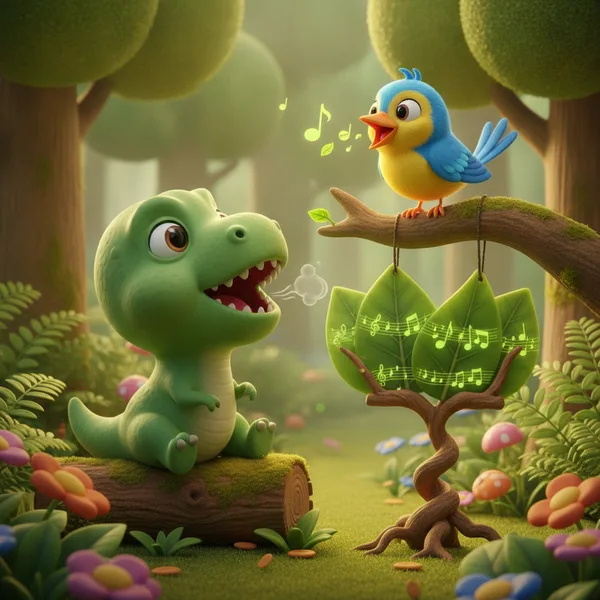 Fröhlicher Dinosaurier auf einem Baumstamm Singend — Dinosaurier Ausmalbild — Kostenlos Ausdrucken