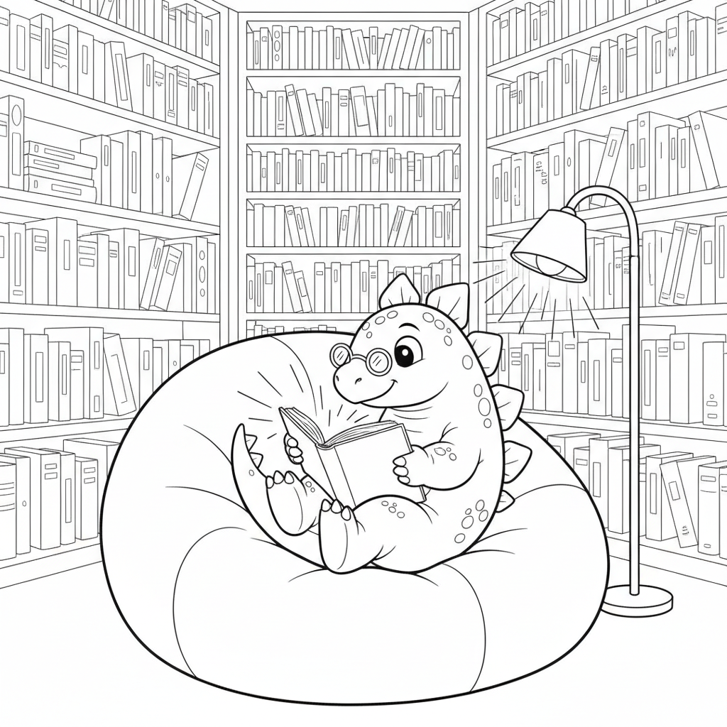 Stegosaurus Reading Nook — Free Coloring Page for Kids coloring page