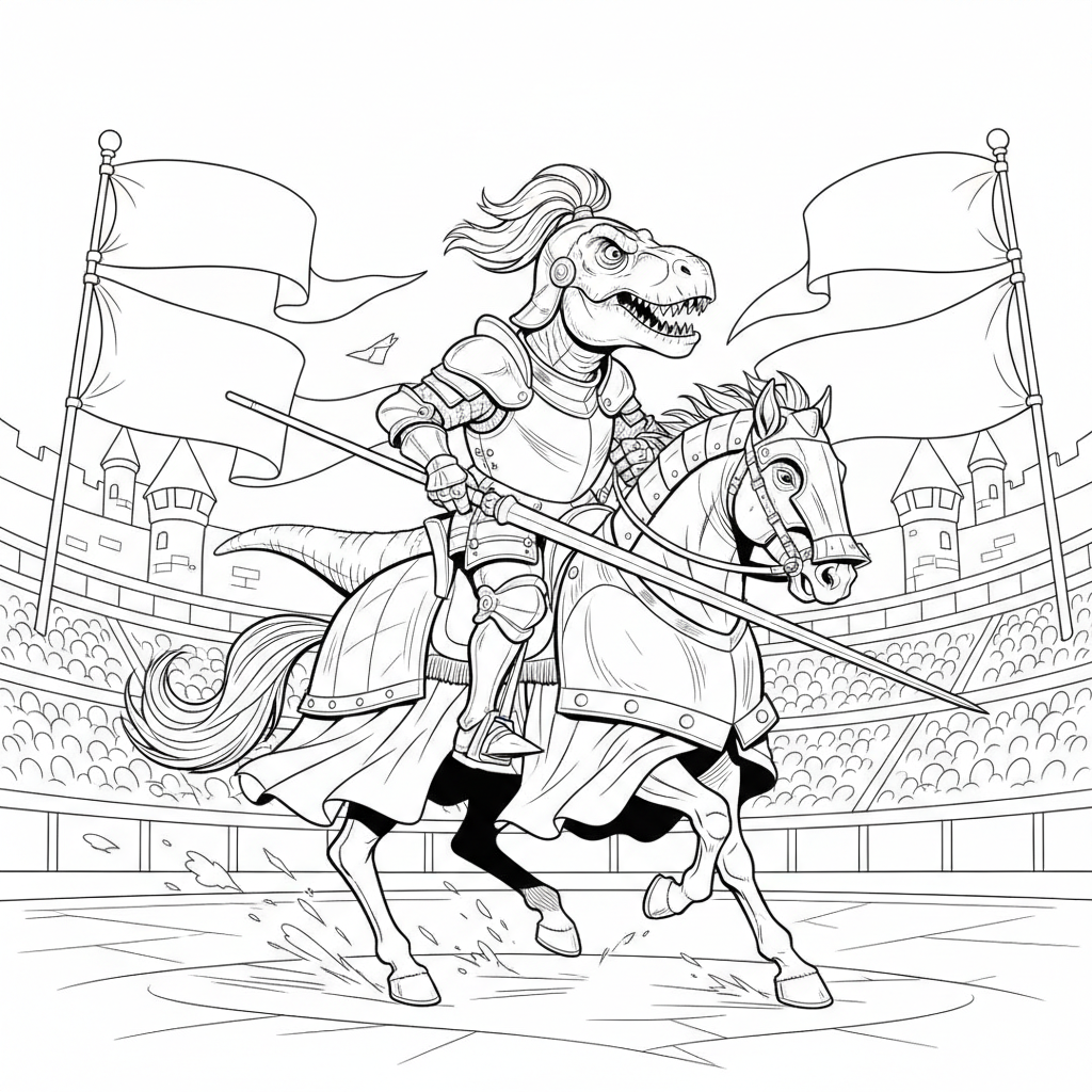 T-Rex Knight Charging Forward — Free Coloring Page for Kids coloring page