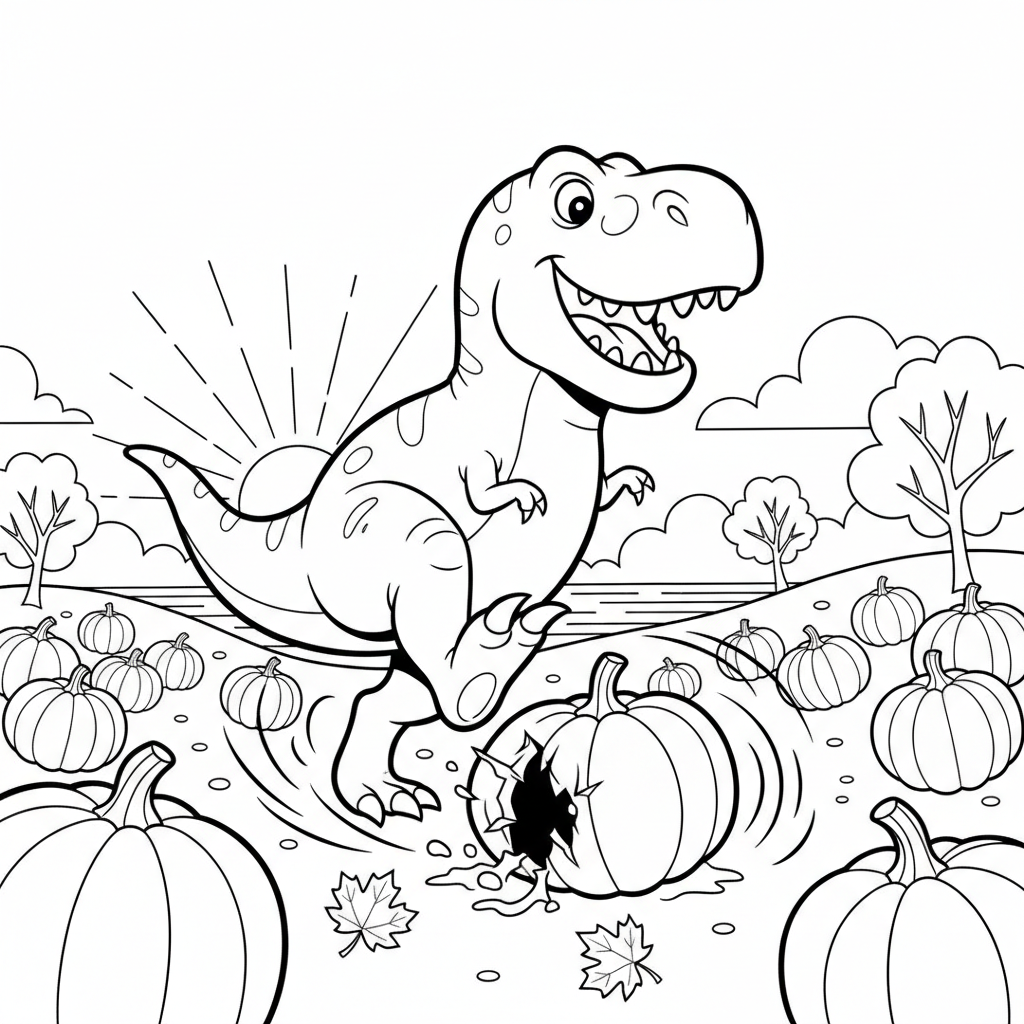 T-Rex Pumpkin Stomp — Free Printable Coloring Page for Kids coloring page