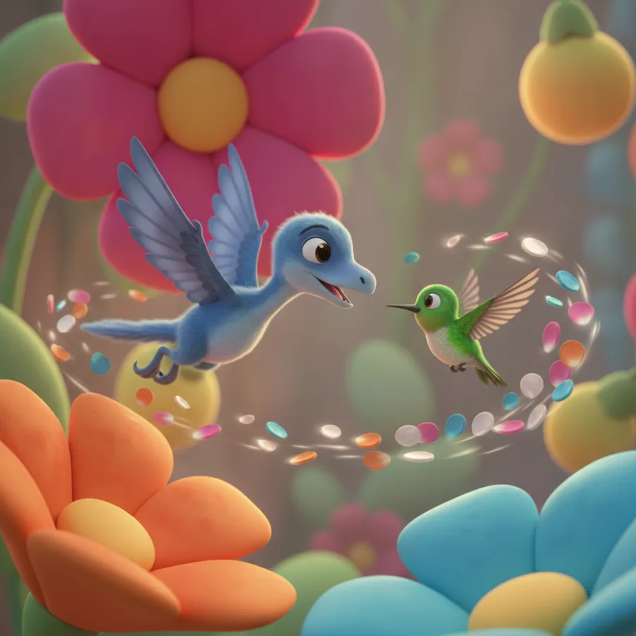 This coloring page features a lively race between a Microraptor and a hummingbird in a colorful garden. The large flowers and candies are easy to color, while the details on the dinosaurs present a fun challenge.
