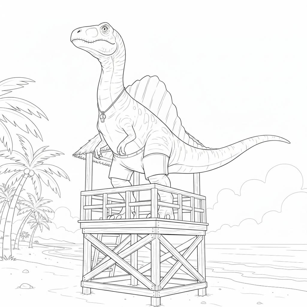 A cheerful dinosaur lifeguard on the beach — Free Coloring Page for Kids coloring page