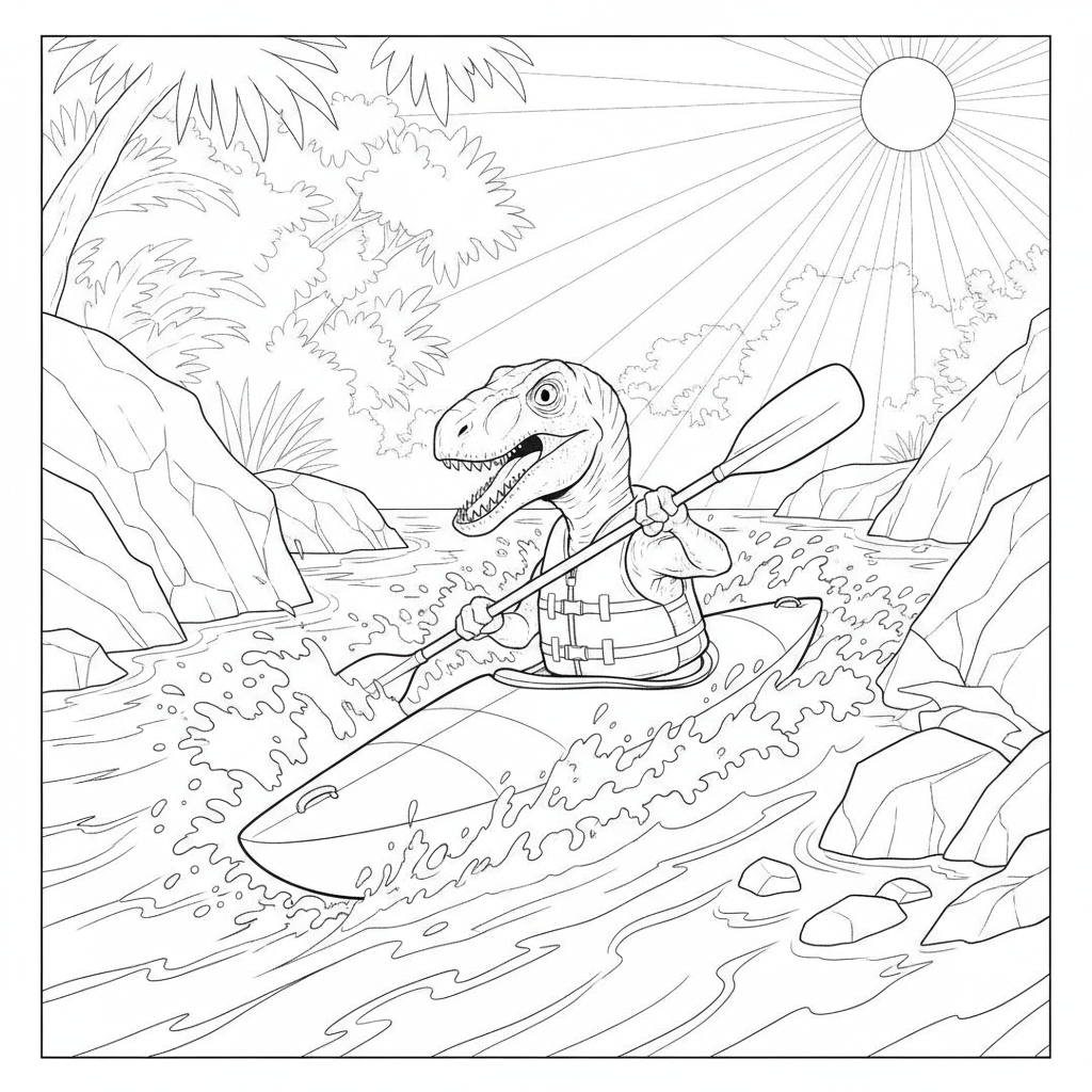 Cheerful Dinosaur in Kayak Adventure — Free Coloring Page for Kids