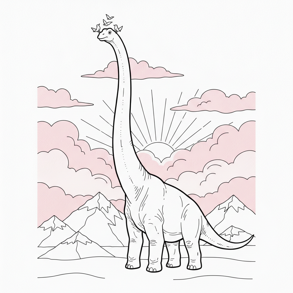 Dinosaurier mit Vögeln in den Wolken — Dinosaurier Ausmalbild — Kostenlos Ausdrucken