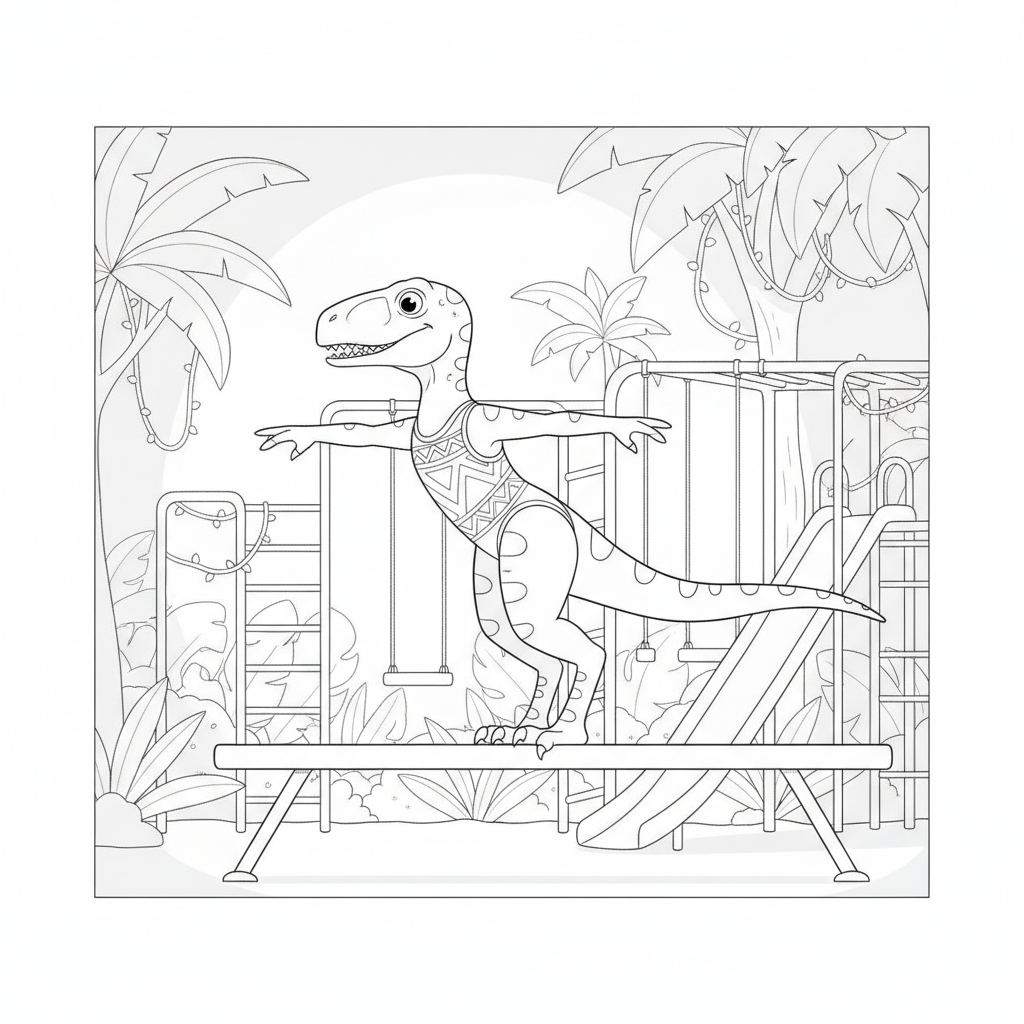 Dinosaur Balancing on a Beam — Free Coloring Page for Kids