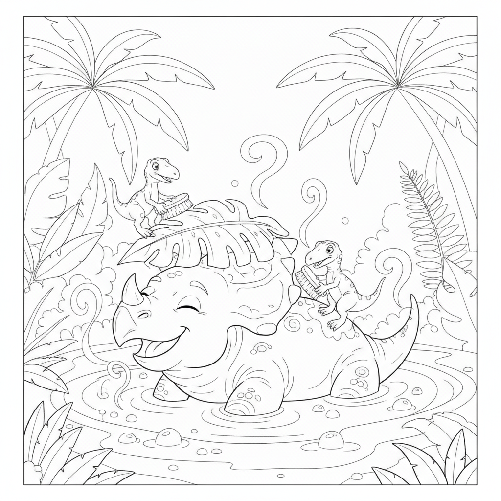 Cheerful Triceratops in a Jungle — Free Coloring Page for Kids