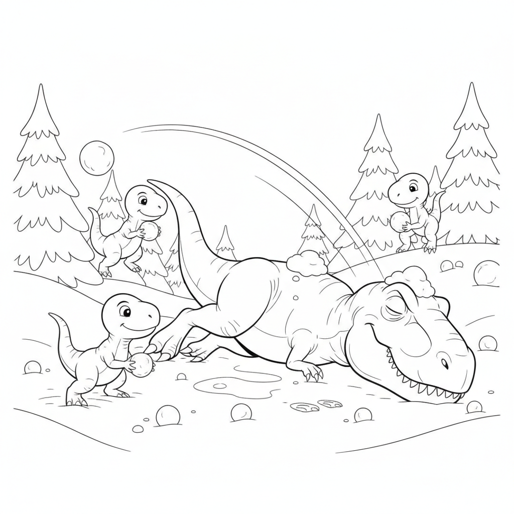 Dinosaurs Playing in Snow — Free Coloring Page for Kids