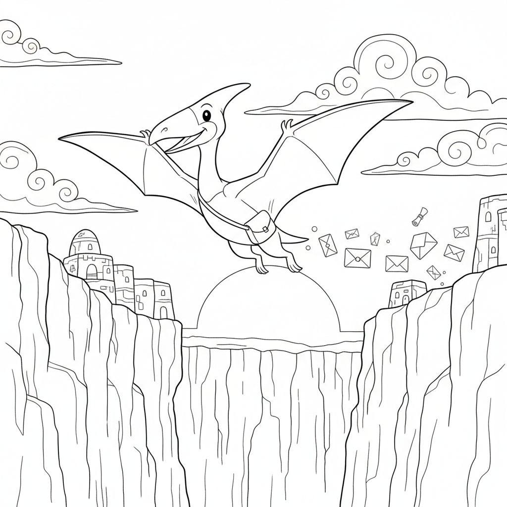 Pterodactyl Mail Adventure — Free Printable Coloring Page for Kids coloring page