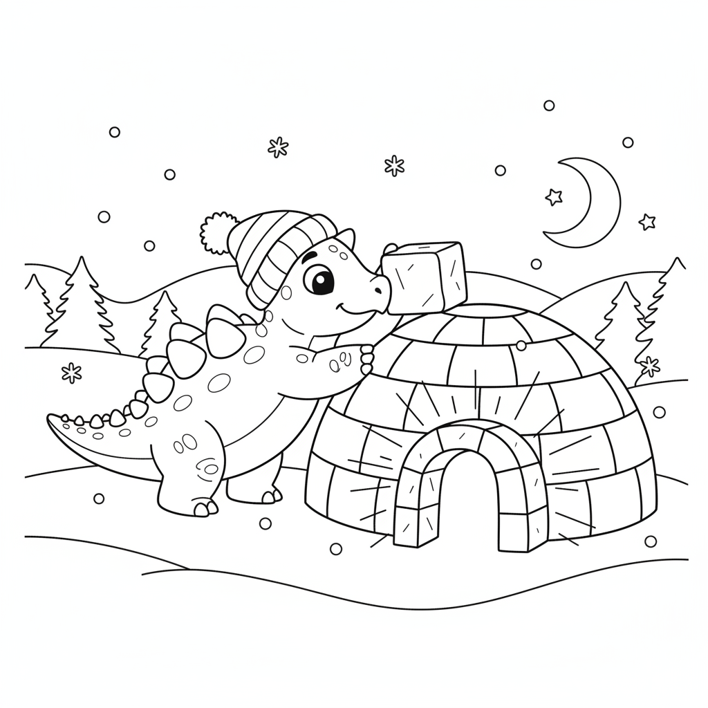 Cheerful Dinosaur Stacking Ice on an Igloo — Free Coloring Page for Kids
