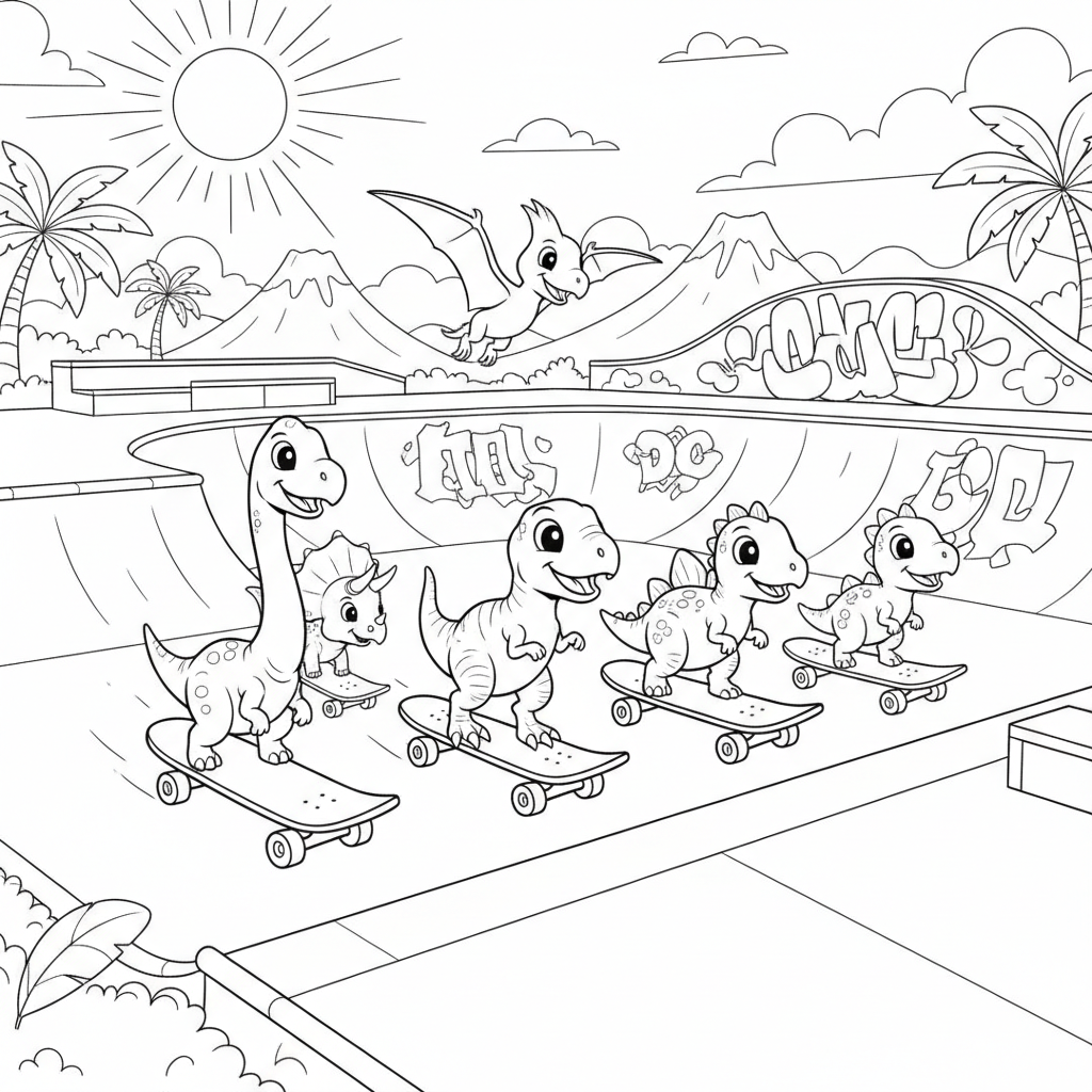 Dino Skateboard Fun — Free Printable Coloring Page for Kids coloring page