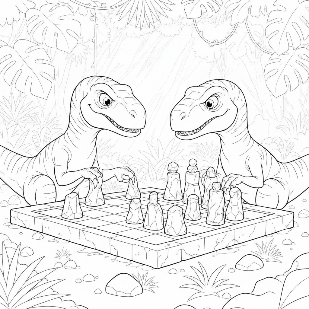 Dinosaurs Playing Chess in a Jungle — Free Coloring Page for Kids